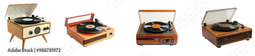 Vintage record players displaying classic design from various eras, on the Transparent background, PNG Format photo