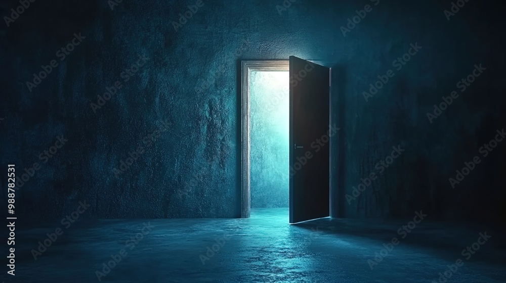 A door in the dark room opens, and light shines through, illuminating part of it. A door in the dark room opens, and light shines through, illuminating part of it.