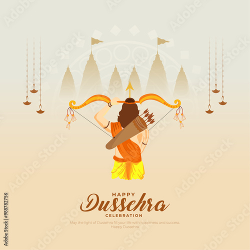 Happy Dussehra Greeting Card and Post. Happy Vijayadashami of Lord Rama Killing Ravana in Dussehra Vector Illustration