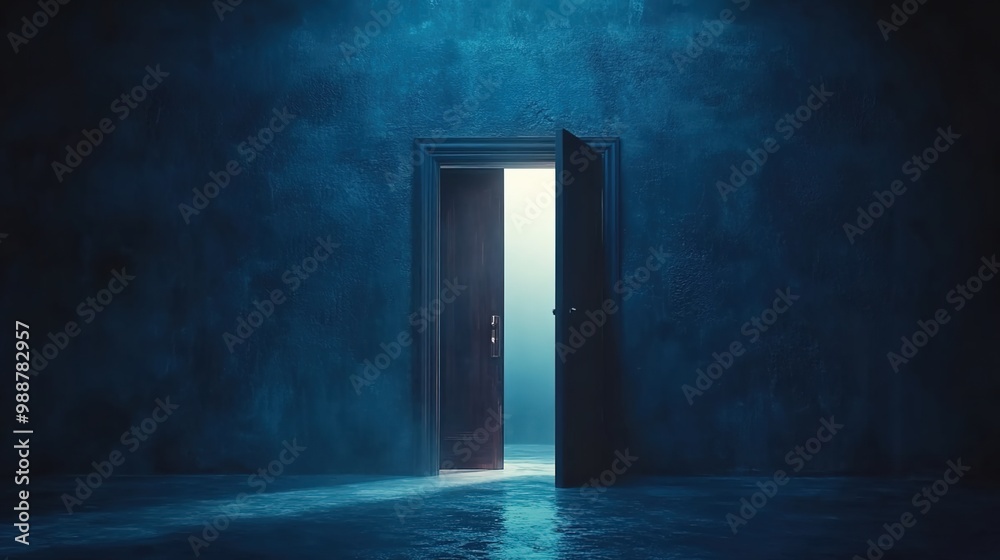 A door in the dark room opens, and light shines through, illuminating part of it. A door in the dark room opens, and light shines through, illuminating part of it.
