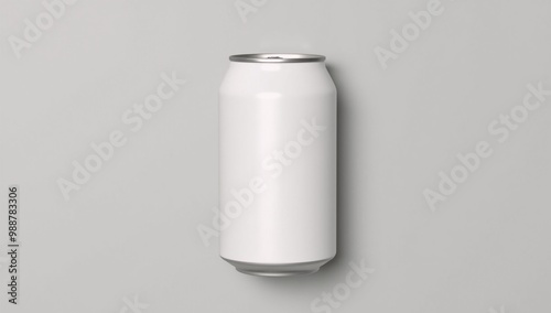 A white can of beer on a gray background.