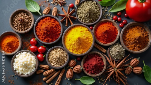 A variety of spices in bowls on a table.