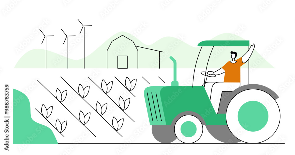 A farmer driving a tractor in a lush field under wind turbines, showcasing sustainable agriculture practices in the countryside. Vector flat illustration A farmer driving a tractor in a lush field under wind turbines, showcasing sustainable agriculture practices in the countryside. Vector flat illustration