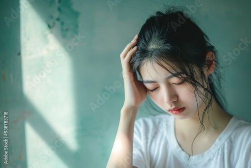 Lady Stressed. Asian Woman with Hand on Head, Expressing Stress and Migraine Symptom