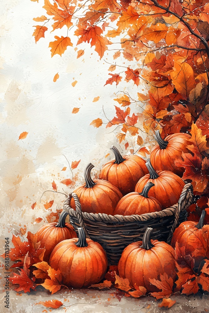 Colorful autumn scene with pumpkins in a basket, perfect for Thanksgiving and Halloween marketing materials, invitations, and festive decor. Colorful autumn scene with pumpkins in a basket, perfect for Thanksgiving and Halloween marketing materials, invitations, and festive decor.