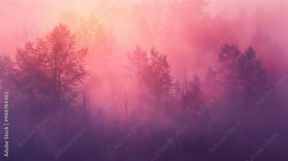 Naklejka premium Enchanted Forest Sunrise: Misty Morning Landscape