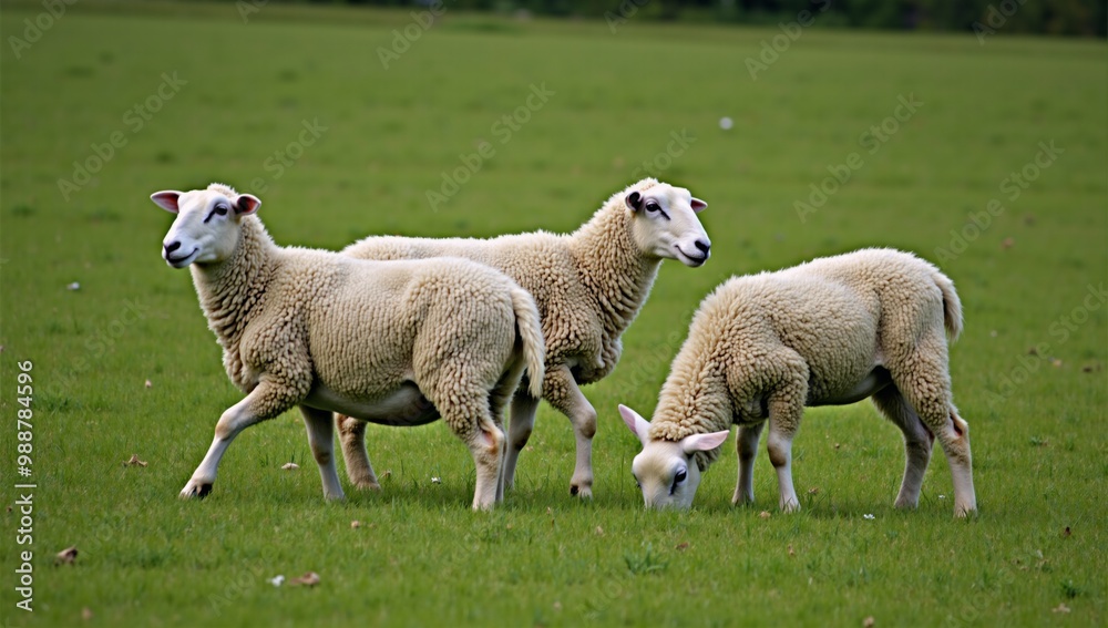 Three sheep grazing in a green field with trees in the background. Three sheep grazing in a green field with trees in the background.