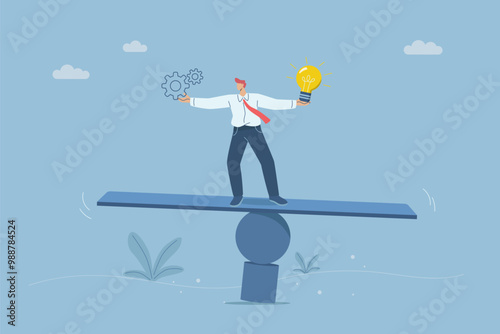 Concept of flexibility and adaptability, Flexibility or agility in response to uncertain situations, Adapting strategies to adverse business situations, Businessman balancing on a plank. Vector.