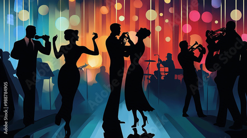 group of people dancing in room, swanky 1920s speakeasy with flapper dancers and jazzy band