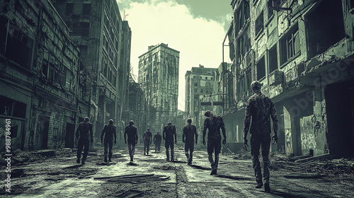 Wallpaper Mural Halloween zombie apocalypse scene with zombies roaming in a deserted urban area Torontodigital.ca