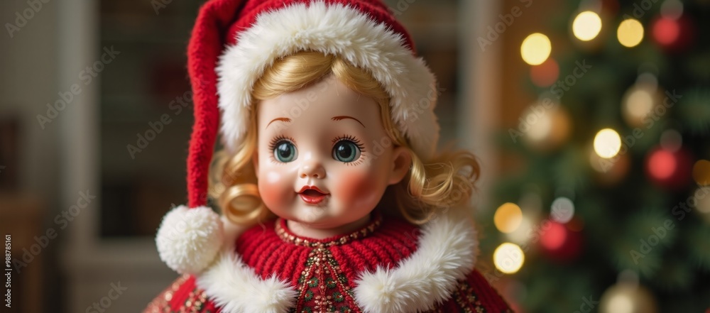 A close up of a doll wearing a santa hat. A close up of a doll wearing a santa hat.