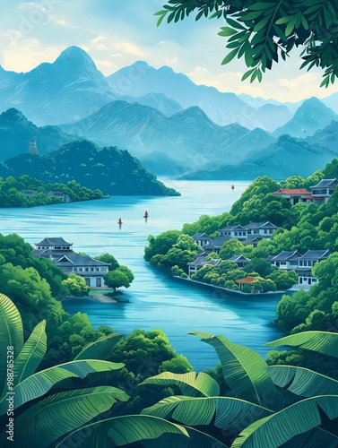 Illustration of West Lake from Hangzhou, China Travel Poster in Colorful Flat Digital Art Style