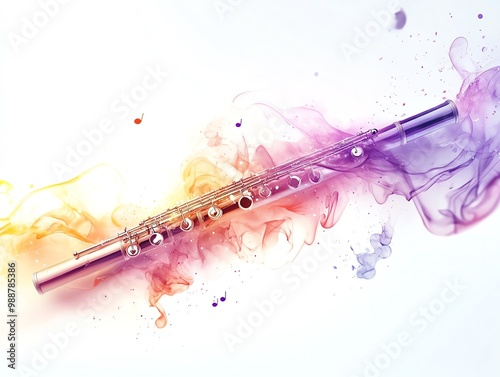 A flute with soft musical notes flowing, peaceful sound, minimalist design, pastel colors, isolated on white background photo