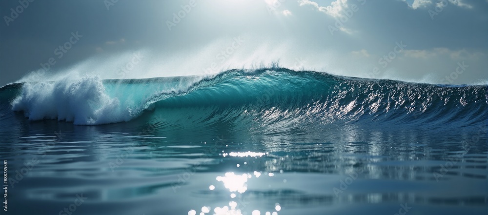Fototapeta premium A large wave breaking in the ocean under a cloudy sky.