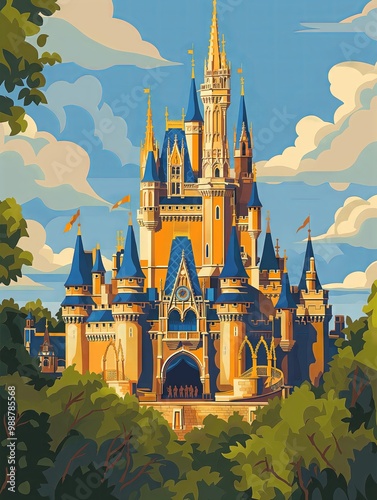 Illustration of Cinderella Castle from Orlando, United States Travel Poster in Colorful Flat Digital Art Style