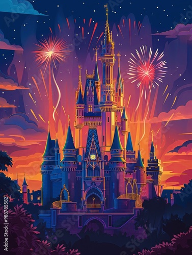 Illustration of Cinderella Castle from Orlando, United States Travel Poster in Colorful Flat Digital Art Style