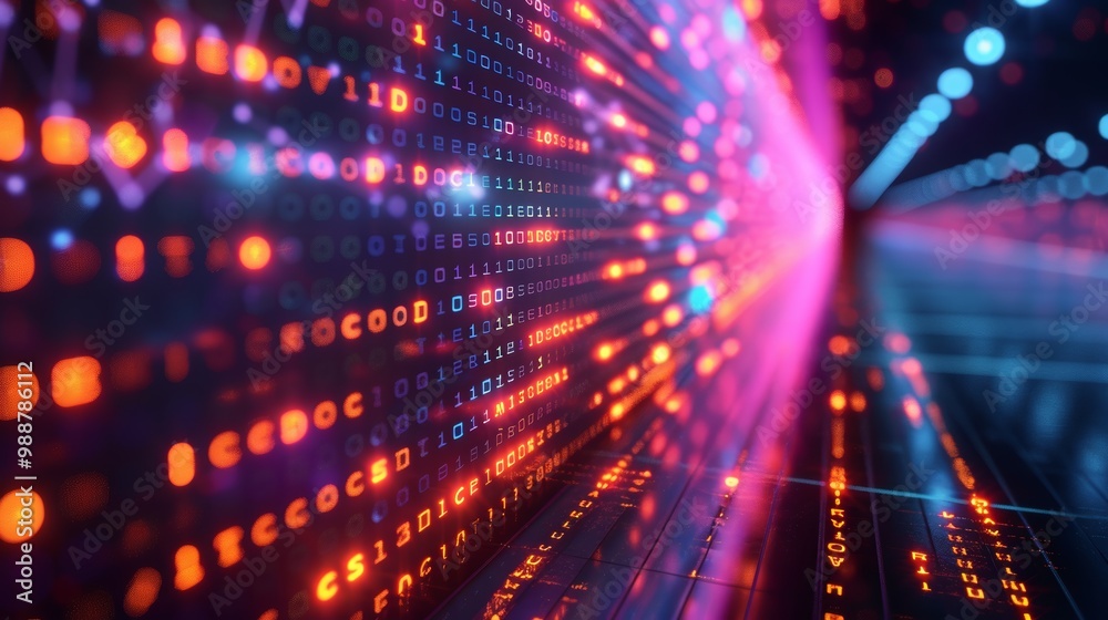 Futuristic Digital Background with Vibrant Neon Lights and Binary Code for Technology and Innovation Themes