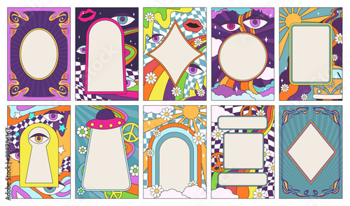 Retro psychedelic frames. Abstract groovy social media story post or 70s pop art photo frame with bohemian borders. Happy nostalgic vibe templates vector set
