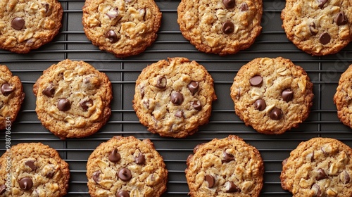 oatmeal cookies with chocolate chips on a baking tray. dark background. copy space.