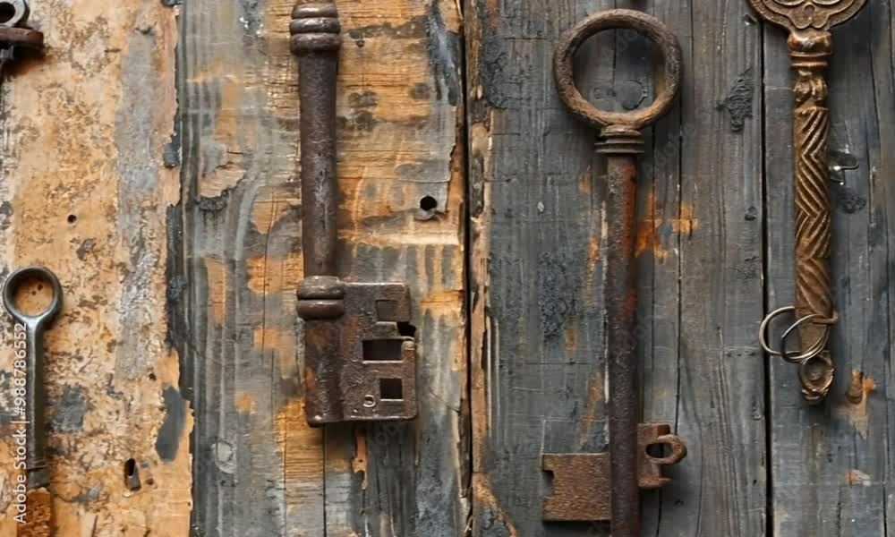Four Rusty Keys Hanging on Weathered Wooden Boards Four Rusty Keys Hanging on Weathered Wooden Boards