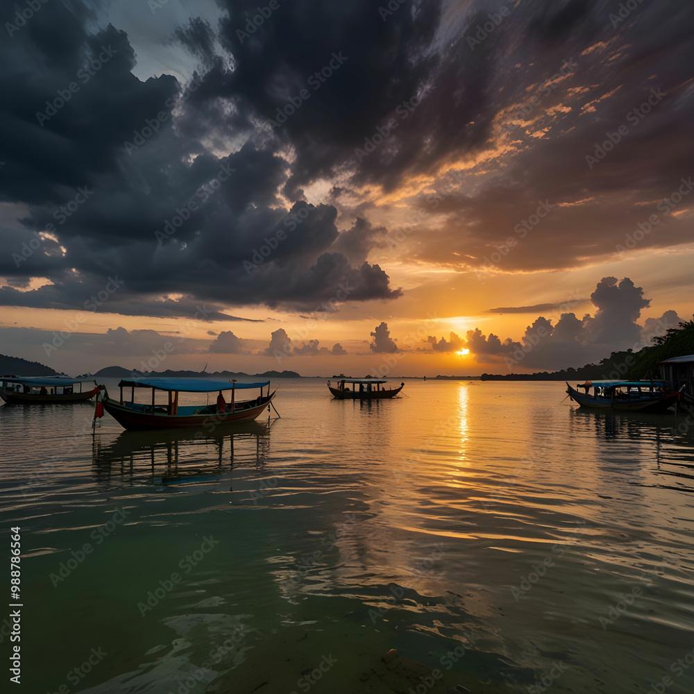 Chinese boats and a cloudy sunset at Ban Rak Thai village Thailand Chinese boats and a cloudy sunset at Ban Rak Thai village Thailand