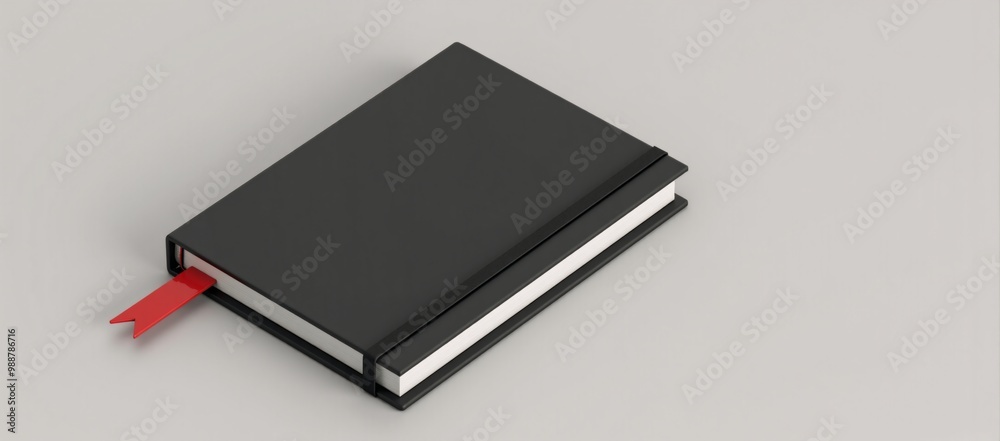 A black notebook with a red ribbon tied around it. A black notebook with a red ribbon tied around it.