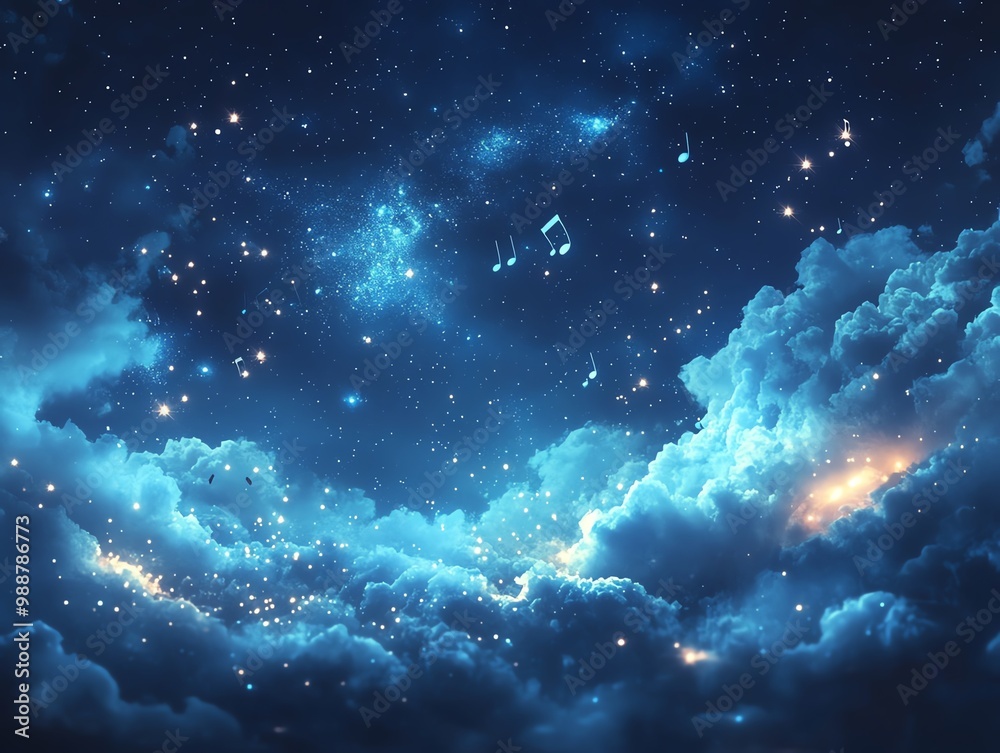 Obraz premium A peaceful night sky with gentle musical notes, tranquil background music, minimalist design, isolated on white background