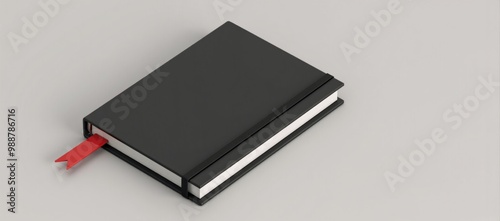 A black notebook with a red ribbon tied around it.