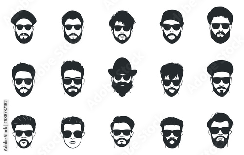 Hipster male faces front view silhouette set. Man with beard sunglasses and differetn hair styles. Fashion concept. Simple black and white flat style isolated vector clipart collection