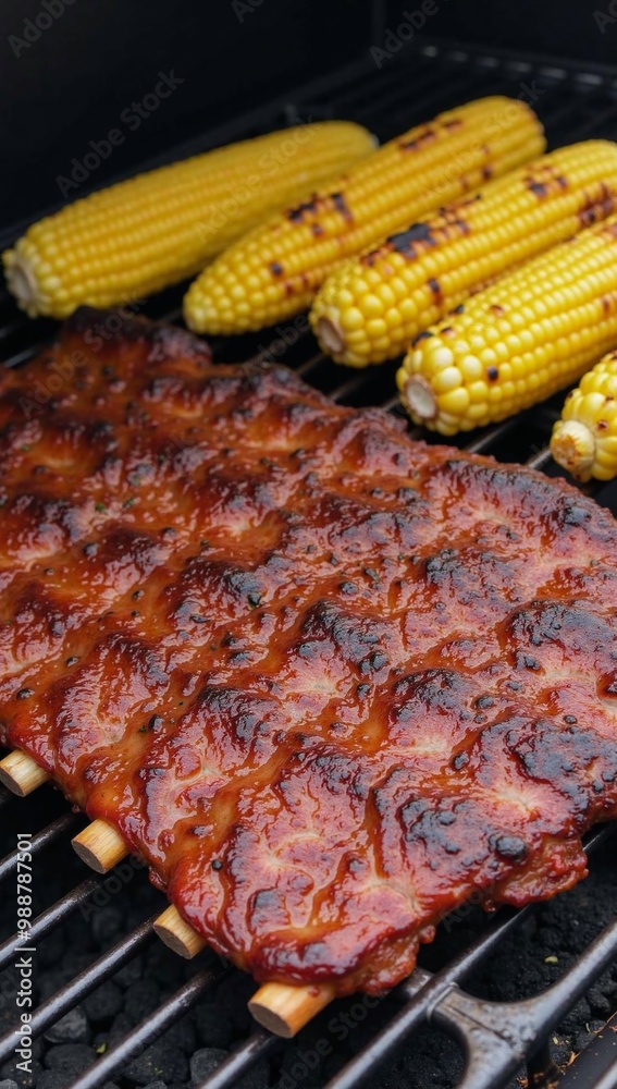 ribs and corn on the cob on a grill ribs and corn on the cob on a grill