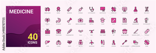Medicine colorful icons set, Color line web icon collection. Outline icons pack. Vector illustration. Icon names are written in English.