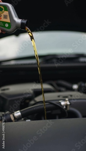 A person pouring oil into a car engine.