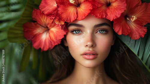 woman model posing with red tropical flowers in a stunning exotic forest, representing the beauty of nature and the vibrant allure of the wilderness