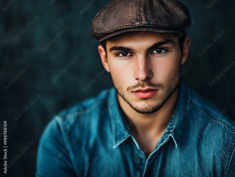 Portrait of Young Handsome Trendy Man Wearing Blue Jeans Color Cap Portrait of Young Handsome Trendy Man Wearing Blue Jeans Color Cap