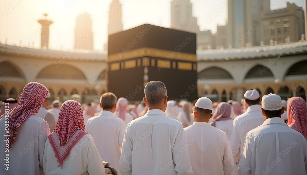 Pilgrims praying towards the Kaaba in Mecca at dawn, bathed in soft morning light, creating a scene of devotion and unity in a sacred atmosphere. Pilgrims praying towards the Kaaba in Mecca at dawn, bathed in soft morning light, creating a scene of devotion and unity in a sacred atmosphere.