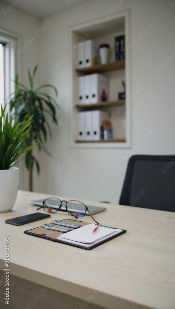 Fototapeta premium A wooden desk with a plant in a pot on it.