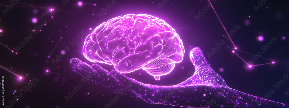 Glowing Brain in Digital Circuitry Hand
