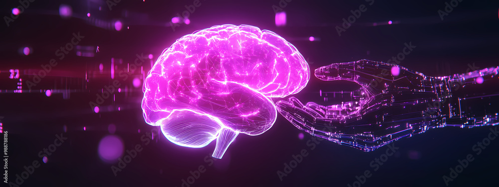 Glowing Brain in Digital Circuitry Hand Glowing Brain in Digital Circuitry Hand