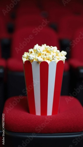 A red and white striped bucket of popcorn sitting on a red chair.