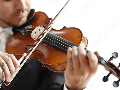 A violin soloist performing with an orchestra, focus on emotion and skill, soft tones, isolated on white background photo