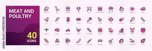 Meat and poultry colorful icons set. Color line icon for web and ui. Outline icons collection, Vector illustration. Icon names are written in English.