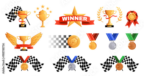 Sport winner trophies. Racing award cup with checkered flag, gold wings and laurel wreath. Golden, silver and bronze medals, race achievements cartoon vector illustration set