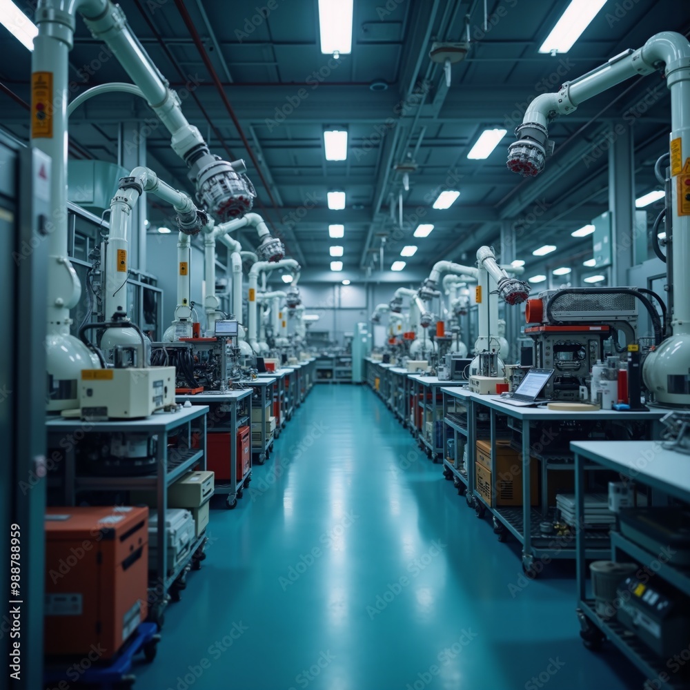 A long line of machines in a factory. A long line of machines in a factory.