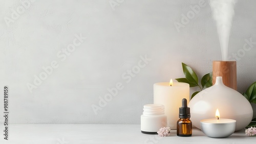 Aromatherapy kit with essential oils, diffuser, and candles, arranged neatly for a relaxation session aromatherapy set, relaxation tools