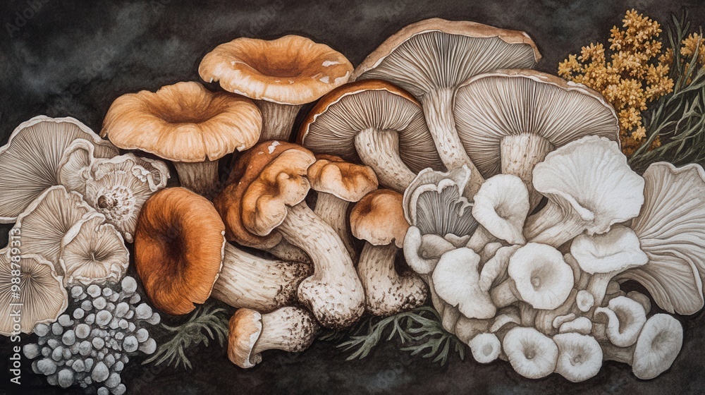 Detailed botanical drawing showcasing different mushrooms Detailed botanical drawing showcasing different mushrooms