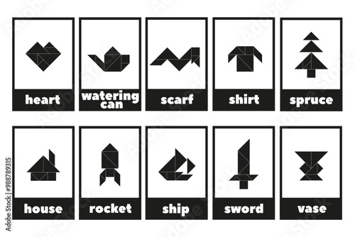 Tangram puzzle for children. Tangram line icons isolated. A set of educational tangram cards with 
objects. Black and white geometric collection.
