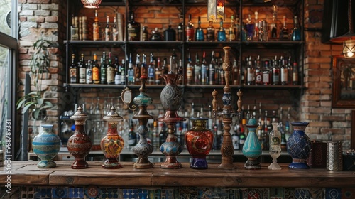 bar counter with bartender equipment and hookah 