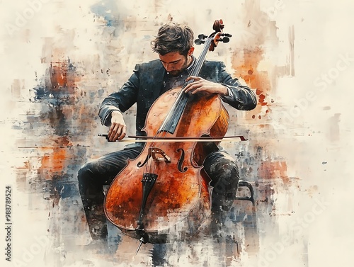 Cello soloist on stage, deep resonant notes, classical music concert, watercolor style