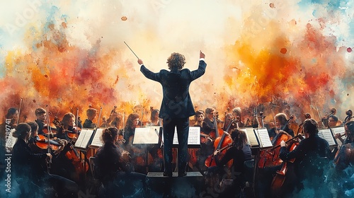 Conductor raising baton, full orchestra ready to perform, classical music concert, watercolor style