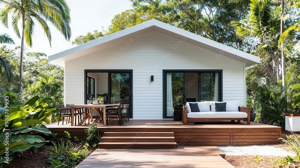 Fototapeta premium Beachfront cottage with a wooden deck and outdoor dining area, surrounded by tropical palms coastal living, beachfront simplicity